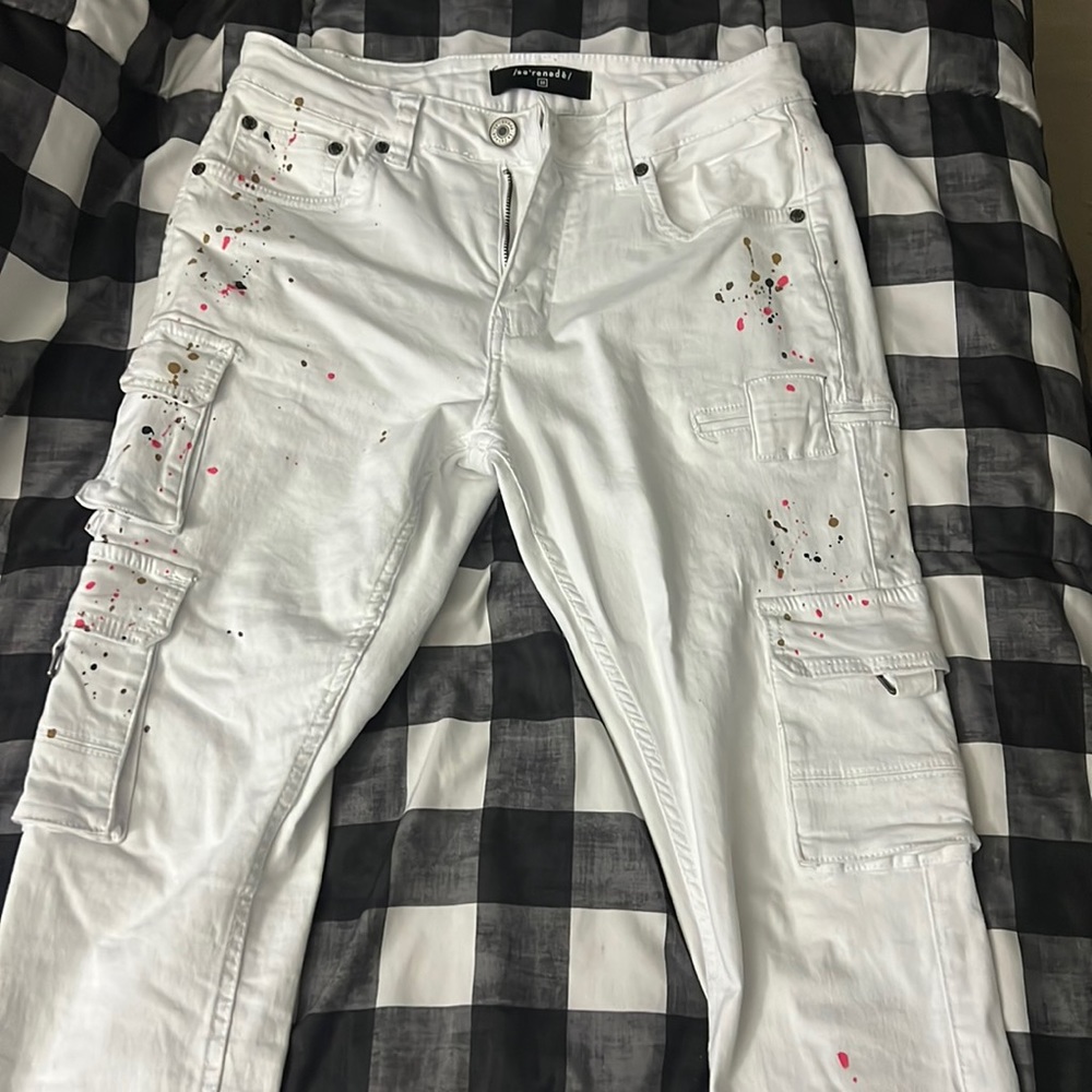 White Serenede Skinny Cargo Jeans “UNIVERSE LAWS”